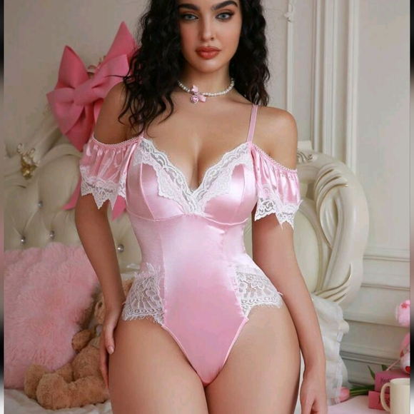 Tops - Pink Satin With Contrasting White Lace Off The Shoulder Sweetheart Bodysuit (12)